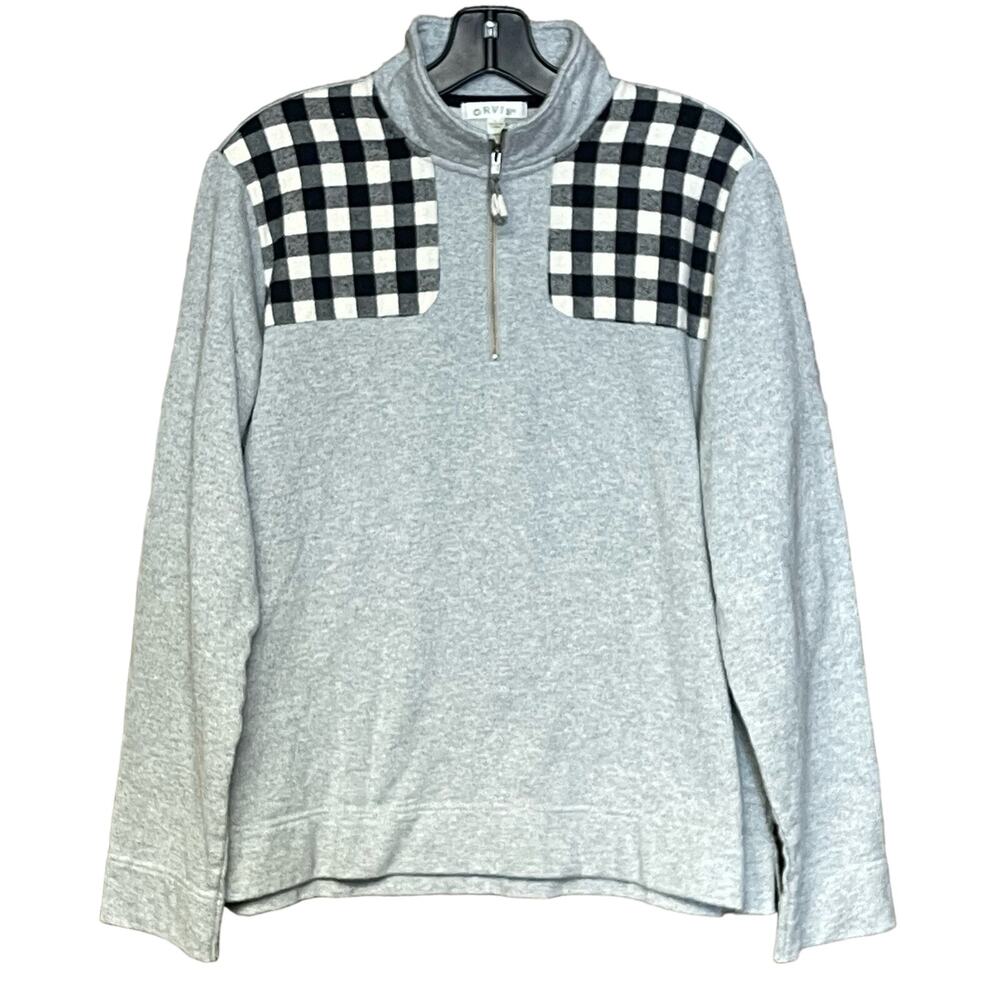 Women’s ORVIS long sleeve top gray plaid elbow patches 1/4 zip shirt size large